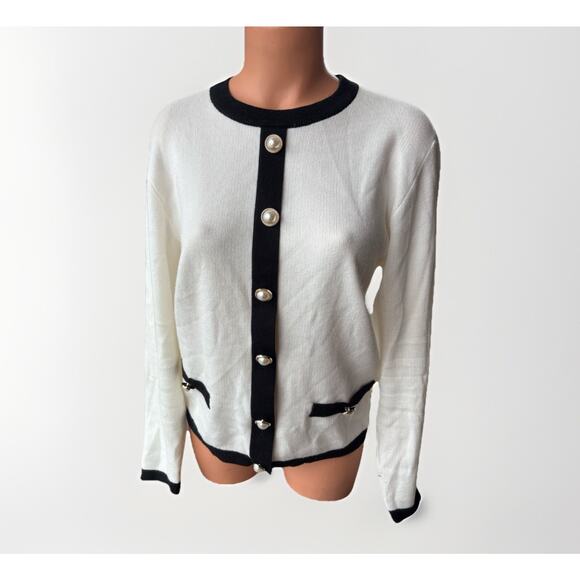 Cherie Collette White Preppy Classic Sweater Size S Buttons Soft - Picture 1 of 5